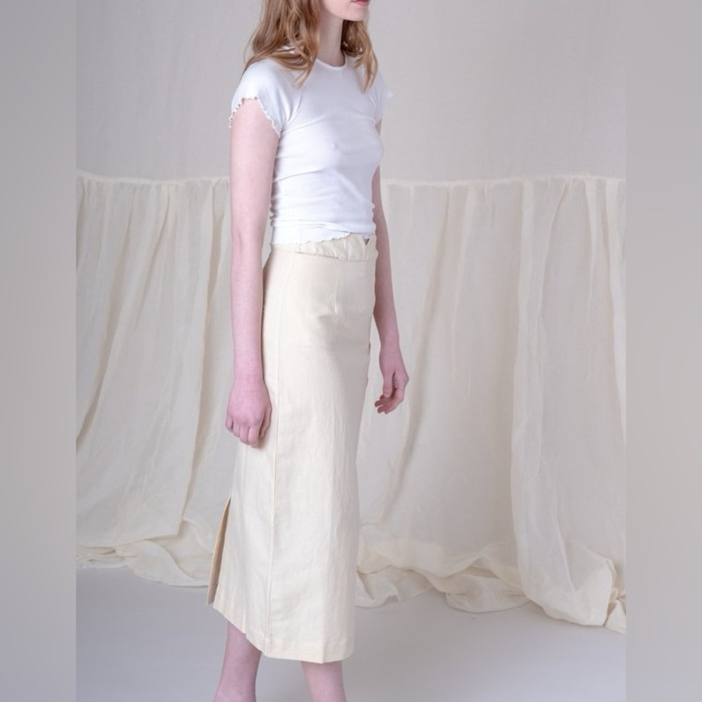 Ajaie Alaie Transitional Cream Linen Viscose high waisted Side Button Midi skirt
